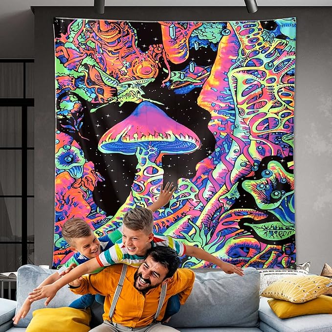 ADDWel Blacklight Mushroom Tapestry, Upright Tapestry Glow In The Dark, UV Reactive Black Light Tapestries Posters Wall Hanging for Backdrop Bedroom Dorm Living Room Decor(60"x80")