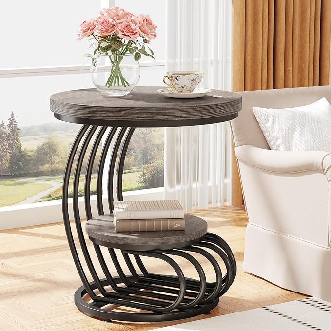 Tribesigns Round End Table: 2 Tiers Wood Side Table with Storage Shelf, Rustic Gray Bedside Nightstand, Metal Arc-Shaped Frame Accent Table for Living Room, Bedroom