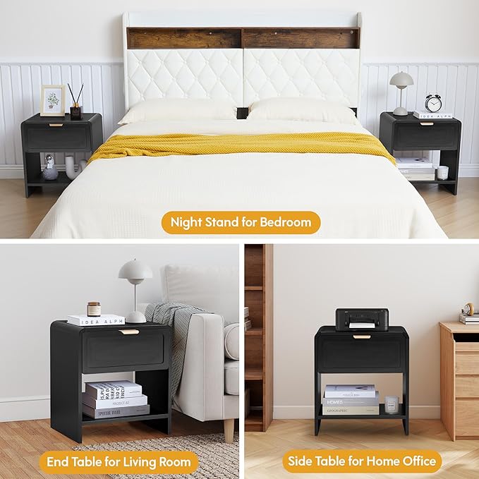 LEVNARY Nightstand Set of 2, Mid-Century Modern Bedside Table with Charging Station and Curved Top Corners, Wooden End Table for Farmhouse Bedroom Living Room (2, Black)