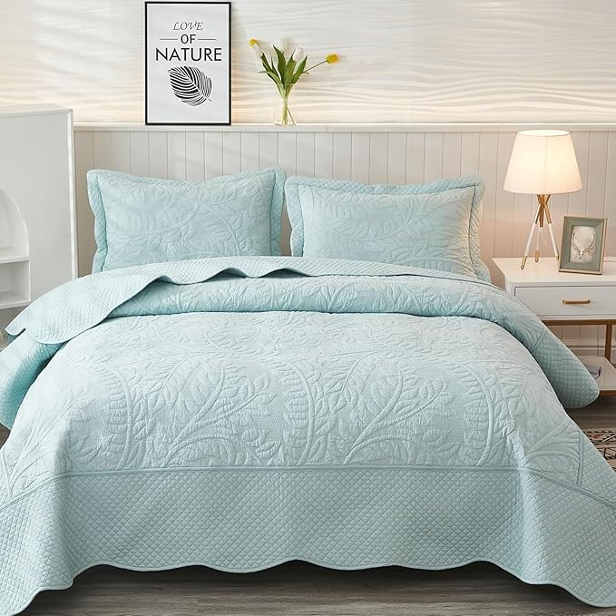 MarCielo 3-Piece 100% Cotton Oversized Bedspread Lightweight Quilt Coverlet Embroidery Farmhouse Bedding Set T0 (Aruba Blue, Oversized Queen (100"x106"))