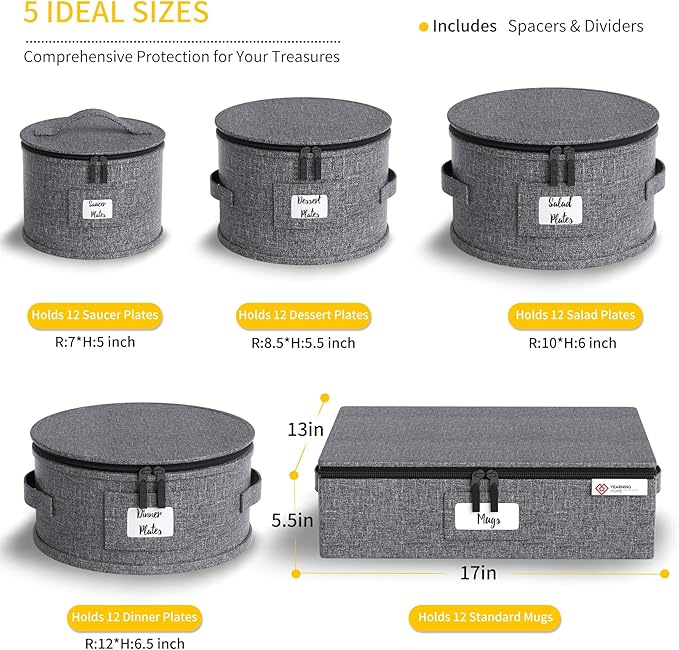 YearningHome China Storage Containers,Hard Shell Box with Felt Dividers for Dishes,Dinnerware,Plates,Mugs,Wine and Glasses,Mugs,Stackable Fine China Storage for Moving and Packing 5 Piece,Grey