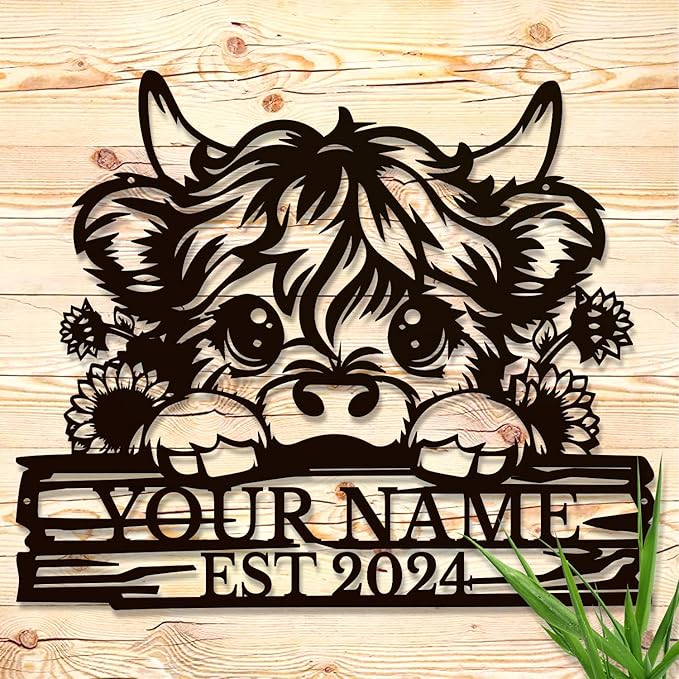 Personalized Highland Cow Name metal Signs,Custom Highland Cow Metal Shed Wall Decor,Black Metal Wall Art Plaques Outdoor wall Decorative Signage (Style D)