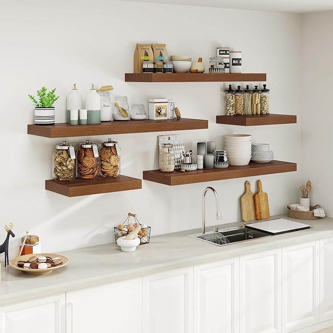 Heimlove 12" Deep Floating Shelves for Wall, 24 Inch Wall Shelf Bathroom Shelves Set of 1, Wall Mounted Shelves for Books Living Room Laundry Room Bedroom Kitchen Home Office, Walnut