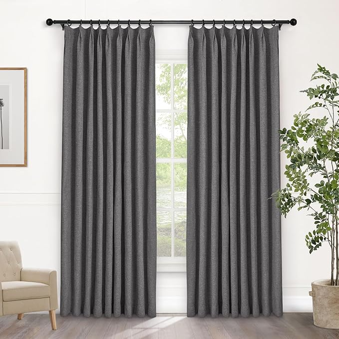 Macochico 100% Blackout Pinch Pleated Linen Curtains Thermal Window Treatments Sound Reducing Curtains for Bedroom Living Room Natural Grey Farmhouse Burlap Drapes with Tieback 52”Wx63”L 1 Panel