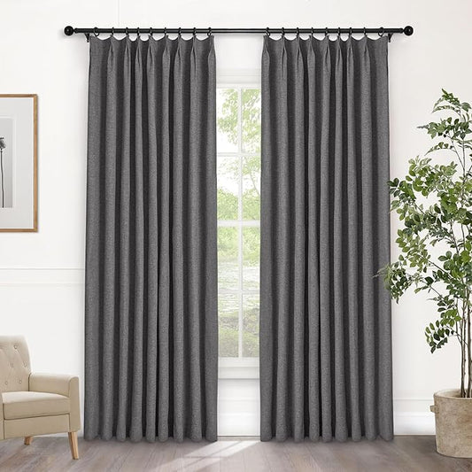 Macochico 100% Blackout Natural Grey Linen Curtains 84 Inches Long Pinch Pleated Burlap Curtains for Bedroom Living Room Farmhouse Nursery Thermal Window Panels with Tieback 72”Wx84”L 1 Panel