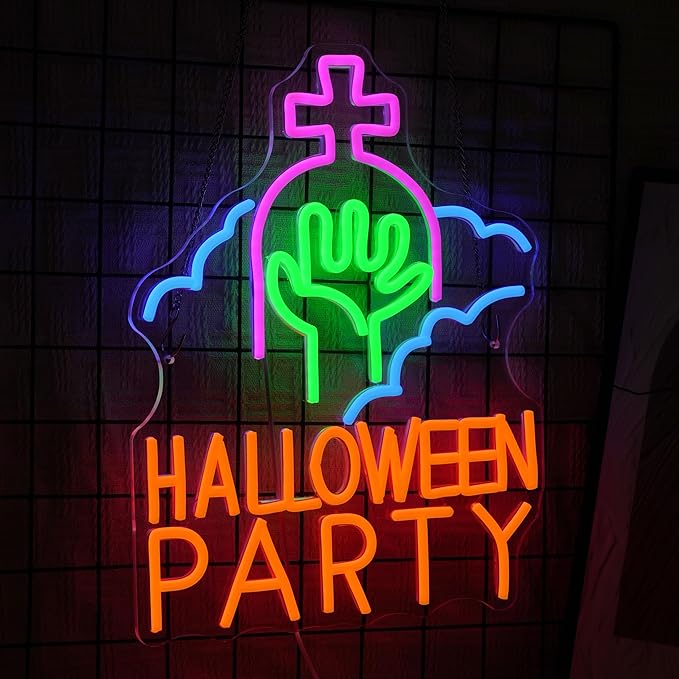 Halloween Party Neon Sign USB Powered Gothic Tombstone Light up Sign Dimmable Halloween Ghost Hand Neon Light Wall Decor for Halloween Party Bedroom Bar Man Cave Spooky House