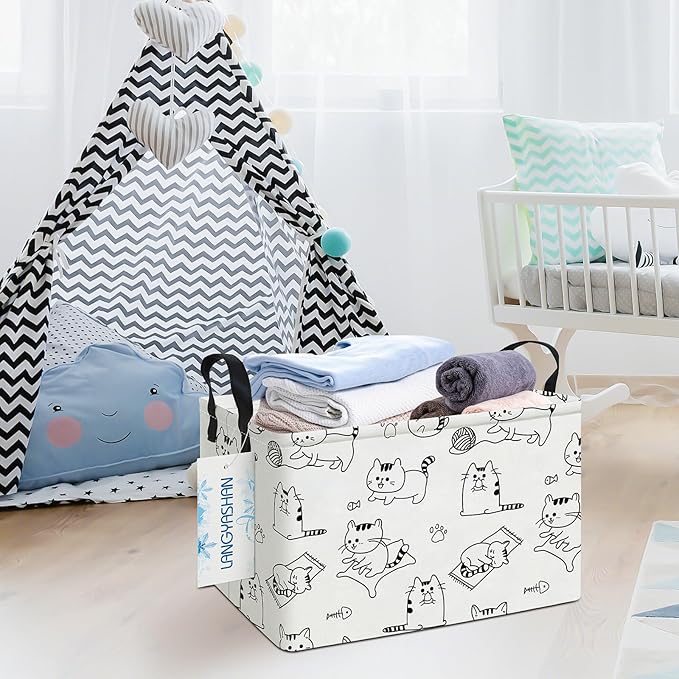 LANGYASHAN Rectangular Storage Bin Collapse Canvas Fabric Cartoon Storage Basket with Handles for Organizing Home Kitchen Boys and Girls Toys Office Closet Shelf Baskets (Rec Cat)
