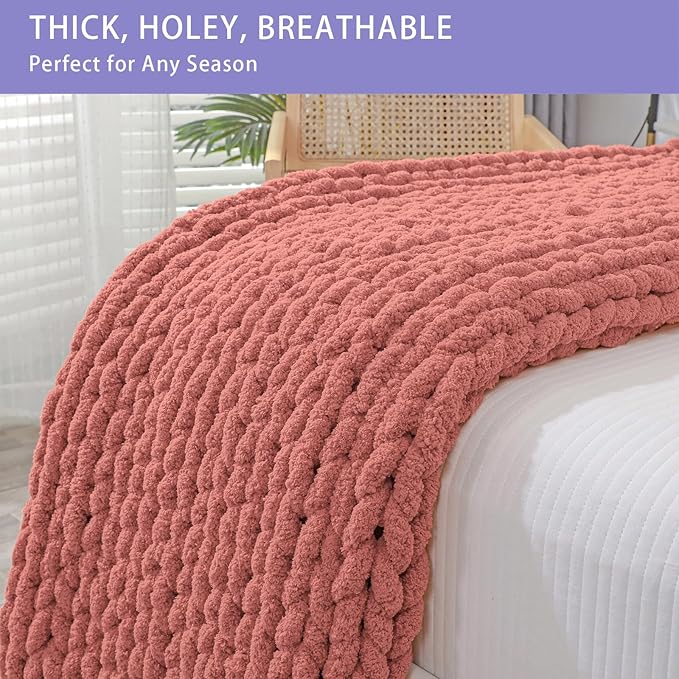 Bigacogo Chunky Knit Throw Blanket for Couch, 40x40 inches, 100% Hand Knitted with Thick Jumbo Chenille Yarn, Cozy Soft Large Rope Knot Cable Crochet Blankets for Sofa Bed Living Room, Antique Red