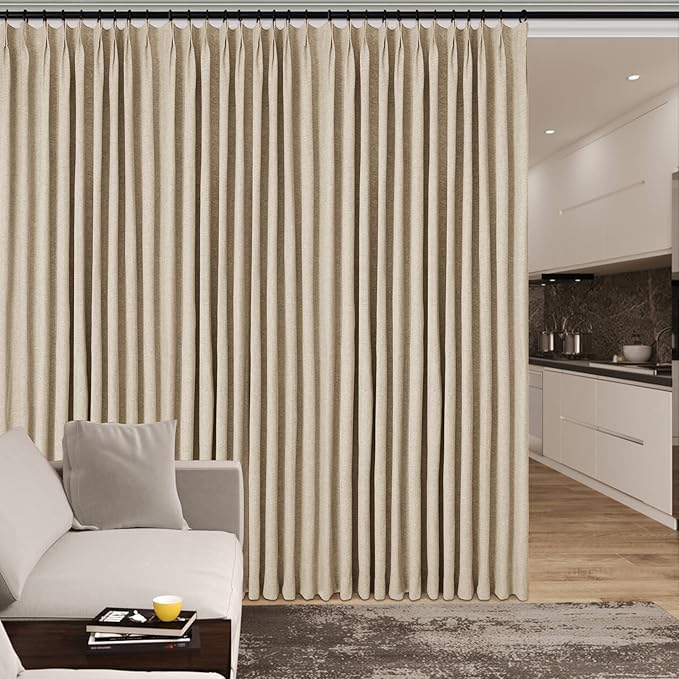 100" W x 84" L Faux Linen Room Divider Curtains, Full Blackout Pinch Pleated Drapes for Traverse Rod, Bedroom Divider Privacy Drapery with Hooks for Ceiling Track, 1 Panel, Sand Beige