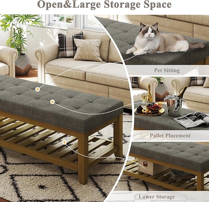 Large Rectangular Upholstered Ottoman Bench, Linen Tufted Footrest Ottoman with Solid Wood Shelf Storage Coffee Table for Bedroom Living Room, Granite