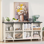 8 Cube Book Shelf, Farmhouse Wood Long Storage Organizer Bookcase, 62" Horizontal Antique White & Black Console Bookshelf, Kids Toy Storage Cabinet, Modern Open Book Case for Playroom, Office