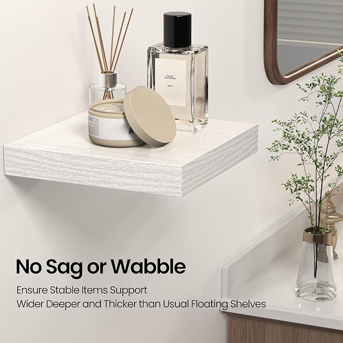 Square Floating Shelves for Wall, 8" W x 8" D x 1.2" H, Small Wooden Wall Mounted Display Shelves with Invisible Brackets for Living Room, Bedroom, Bathroom, Kitchen Decor, Set of 4, White