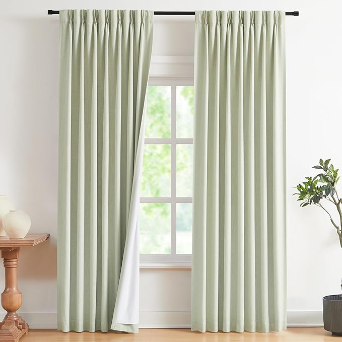 Vision Home Soft Green Pinch Pleated Full Blackout Curtains Linen Blended Room Darkening Curtain Panels 108 inch for Living Room Bedroom Thermal Insulated Pinch Pleat Drapes with Hooks 40" Wx108 Lx2