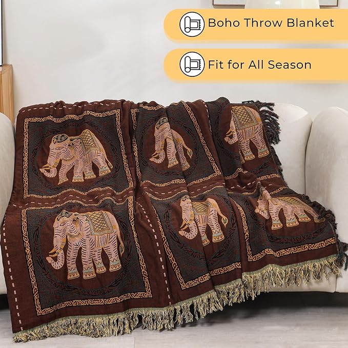 Boho Throw Blanket for Bed with Tassels,100% Cotton Ultra Soft and Cozy Large Blanket Elephant Printed Farmhouse Decor Bed Blankets,60"×80" All Season Rustic Throw for Sofa Couch Chair-Brown