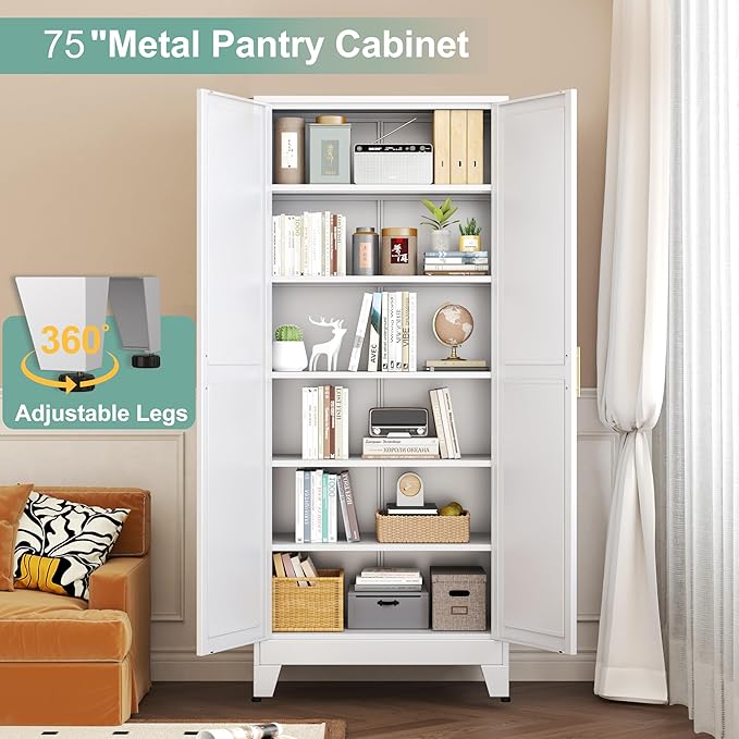 Metal Pantry Cabinet with 2 Doors and 5 Adjustable Shelves, 75" Kitchen Storage cabinets with Gold Handles, Versatile Storage for Laundry Room, Living Room, Bathroom, Dinning Room, Utility Room-White