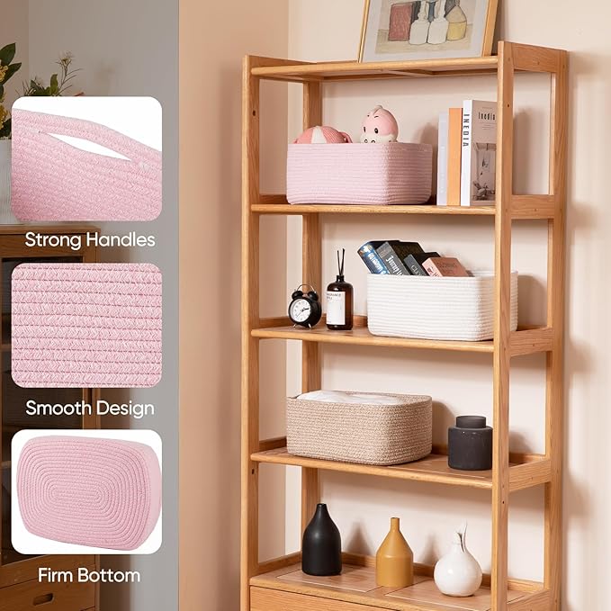 OIAHOMY 4 Pack 14.17*11.02*6.3IN Storage Baskets for Organizing Shelves, Woven Rope Baskets for Organizing Books, Clothes, Decorative Basket for Living Room, Nursery, Bedroom, Gift Basket, Pink
