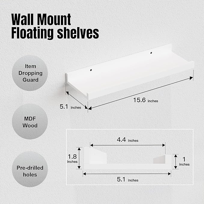 RICHER HOUSE 5 Set White Floating Shelves, Wall Mounted Shelves for Wall Decor, Modern Picture Ledge Shelf with Lip for Wall Storage Nursery, Bedroom, Living Room, Bathroom - White