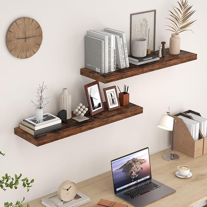 Fun Memories Rustic Wood Floating Shelves for Wall, 36 x 9 Wall Shelves Set of 2, Deep Floating Shelf for Kitchen, Living Room Storage & Display, Deep Wooden Bookshelf, Rustic Brown Color