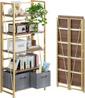 4NM No Assembly Foldable Bookshelf, 5-Shelf Collapsible Bookcase Storage for Small Spaces, 62.2" H, Brown and Golden