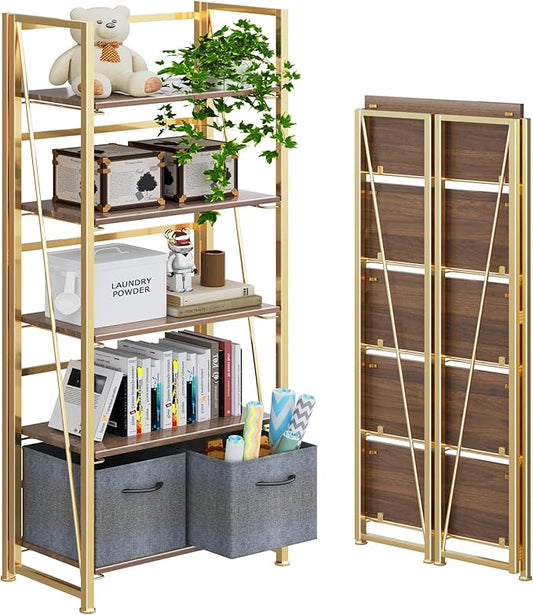 4NM No Assembly Foldable Bookshelf, 5-Shelf Collapsible Bookcase Storage for Small Spaces, 62.2" H, Brown and Golden