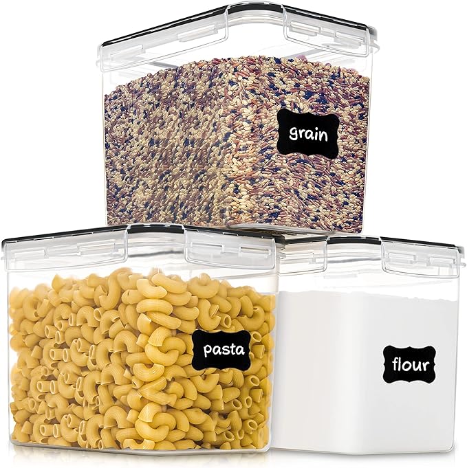 Medium Food Storage Containers with Lids Airtight 3.6L /121.7Oz, for Flour, Sugar, Baking Supply, 3PCS BPA Free Plastic Canisters for Kitchen Pantry Organization