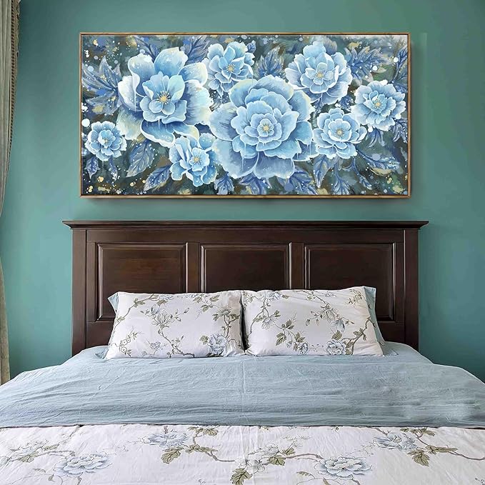 Extra Large Wall Art for Living Room, Framed Big Floral Blue Flower Canvas Print, Modern Oversized Blossom Peony Wall Picture Botanical Artwork for Dining Room Bedroom & Office Décor