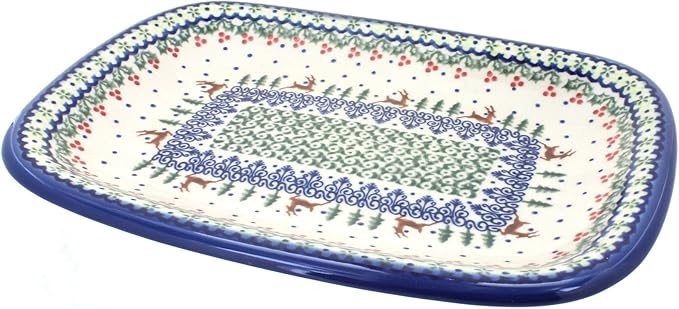 Blue Rose Polish Pottery Reindeer Delight Medium Rectangular Serving Platter