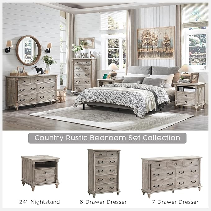 T4TREAM 24'' Farmhouse End Table w/4 Solid Wood Feet, Large 2 Drawers Wide Sofa Side Table with Charging Station, Tall Rustic Wood Square Nightstand for Living Room, Bedroom, Office, Light Rustic Oak
