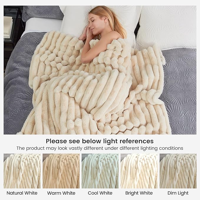 Cozy Bliss Faux Fur Throw Blanket for Couch, Cozy Warm Plush Striped Blanket for Sofa Bedroom Living Room,50 * 60 Inches Beige
