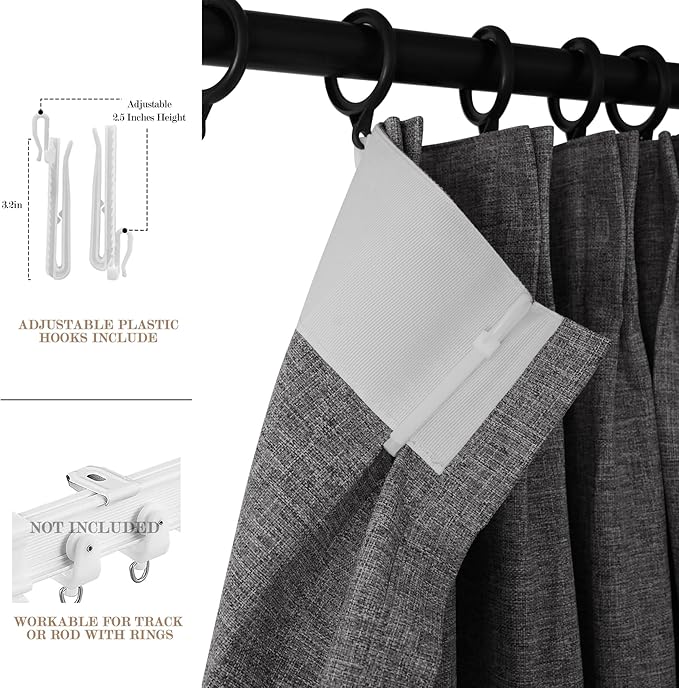 Natural Grey Pinch Pleat 100% Blackout Drapes Linen Blend, Room Divider, Room Darkening, Energy Saving, Furniture Protecting, Light Blocking Extra Wide Privacy Curtains, 200Wx108L, 1 PC