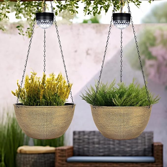 2 Packs Hanging Planters Basket for Outdoor Plants, Solar Powered Self Watering Copper Round Plastic Flower Pots with Drainer for Balcony Patio Garden Outdoor Decoration