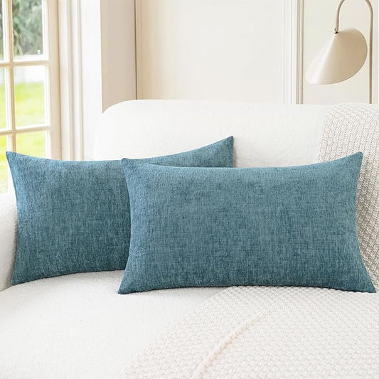 CaliTime Throw Pillow Covers Decorative 16 X 26 Inches Pack of 2 Cozy Chenille Cushion Cases for Couch Sofa Bed Living Room Home Smoke Blue
