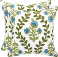 Alysheer Floral Embroidered Summer Decorative Throw Pillow Covers 18"x 18" Set of 2, Farmhouse Blue Flowers Green Vines Patterned Cotton Cushion Cases for Couch Bed Living Room Cottage Decor