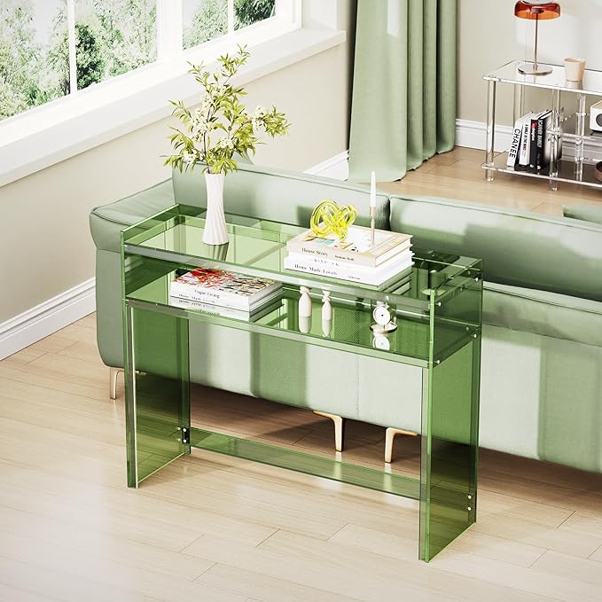 Acrylic Console Table, Entryway Table with Storage Shelves (Green)