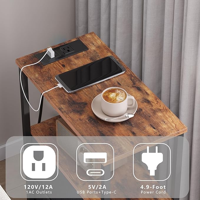 TUTOTAK Small Narrow End Table with Charging Station, Side Table with Outlets, Nightstand with 2 Cloth Drawers, Couch Table, for Living Room, Bedroom, Bedside, Brown TB01BB085