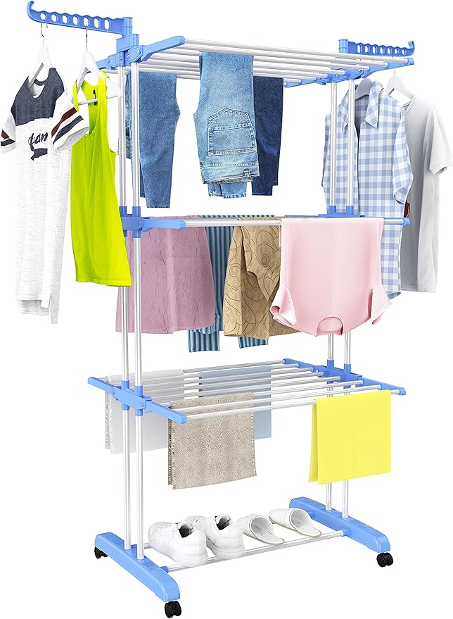 HOMIDEC Clothes Drying Rack, Large 4-Tier Foldable Drying Rack Clothing(67.7H x 19.7W x 30L Inches), Movable Drying Rack with 4 castors. Multifunctional Stainless Steel Laundry Drying Rack, Blue