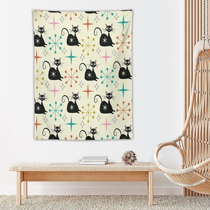 ICMOLYYENLO Abstract Cat Tapestry, Medieval Abstract Atomic Star Cat Vintage Home Wall Hanging Art Tapestry for Bedroom Living Room Dormitory 40x60 Inch
