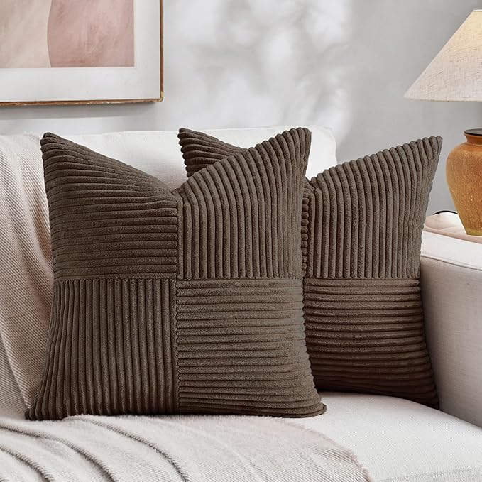 Fancy Homi 2 Packs Dark Brown Samll Decorative Throw Pillow Covers 14x14 Inch with for Couch Bed Sofa, Rustic Farmhouse Boho Home Decor, Soft Corss Patchwork Corduroy Square Cushion Case 35x35 cm