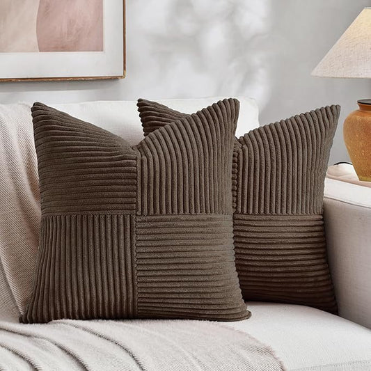 Fancy Homi 2 Packs Dark Brown Decorative Throw Pillow Covers 18x18 Inch for Living Room Couch Bed Sofa, Rustic Farmhouse Boho Home Decor, Soft Corss Corduroy Patchwork Textured Cushion Case 45x45 cm