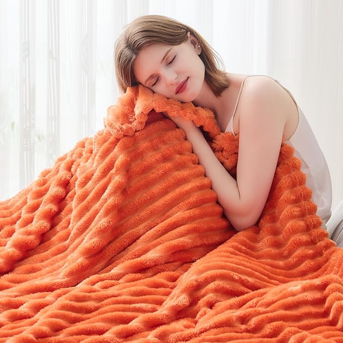 NEWCOSPLAY Super Soft Fall Queen Blanket Orange Premium Silky Flannel Fleece 3D Ribbed Jacquard Lightweight Bed Blanket All Season Use (Orange Ribbed, Queen(90"x90"))