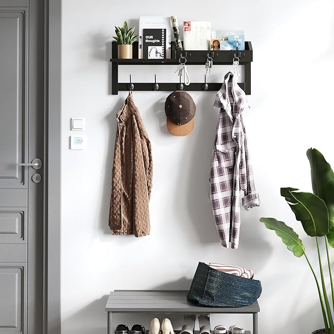 AMBIRD Wall Hooks with Shelf 26.57inch Entryway Wall Hanging Shelf Wood Coat Hooks for Wall Coat Rack Wall Mount Rack with 5 Dual Hooks 3 Key Hooks Mail Organizer and Key Rack Key Holder (Black)