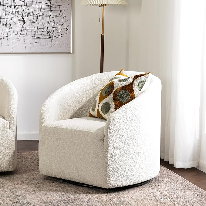 KINWELL 32" Wide Modern Boucle Swivel Barrel Chair, No Assembly Round Upholstered Swivel Accent Armchair for Living Room, Bedroom, Office (White)