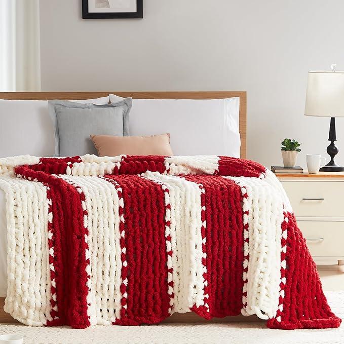 L'AGRATY Chunky Knit Blanket Throw - Soft Chunky Throw Blanket 60x80: 100% Hand Kintted Chenile Crochet Throw Blanket for Couch - Large Cable Knit Chunky Blanket for Home Decor(Red and White)