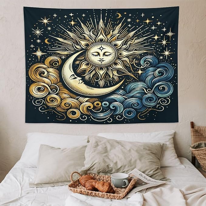 HZOHNAGO Sun Moon Tapestry Boho Golden Stars Pattern Printed Wall Tapestry Wall Hanging for Bedroom Living Room Dorm 80" W x 60" H