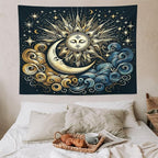 HZOHNAGO Sun Moon Tapestry Boho Golden Stars Pattern Printed Wall Tapestry Wall Hanging for Bedroom Living Room Dorm 80" W x 60" H