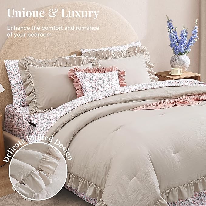 King Comforter Set - 7 Pieces Ruffle Beige Bedding Sets, Shabby Chic Farmhouse Bed in a Bag King with Ruffle Comforter, Floral Sheets, Pillowcases & Shams