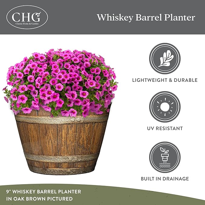 Classic Home & Garden Whiskey Barrel Planters - Wooden Finish Flower Planter Pot - Stylish Garden Pots - Indoor & Outdoor Resin Planters - Weather-Resistant Planting Pots (9" Oak Brown, Pack of 1)