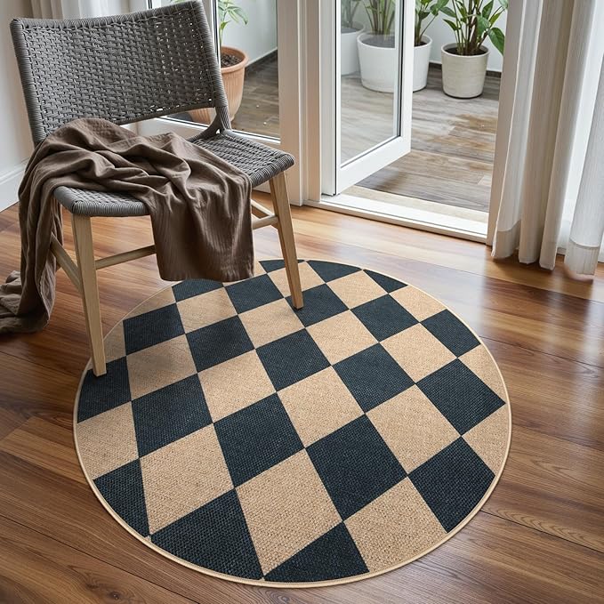 Lahome Checkered Round Rug 3ft, Circle Indoor Outdoor Entryway Patio Rug Washable Easy Jute Rug, Farmhouse Non Slip Small Round Rugs for Bedroom Porch Living Room Decor
