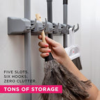 Berry Ave Broom Holder & Wall Mount Garden Tool Organizer- Kitchen, Closet, Garage & Laundry Room Storage With 5 Slots And 6 Hooks- Wall Holder For Broom, Rake & Mop Handles Up To 1.25” [Gray, 2 Pack]
