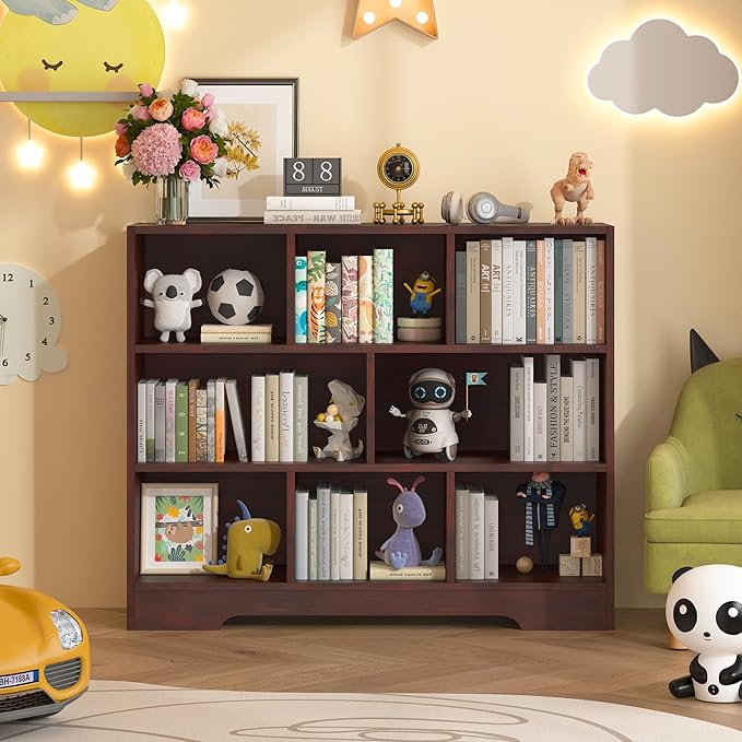 Book Shelf, 8 Cubes Storage Organizer, 3-Tier Open Shelf Wooden Bookcase, Freestanding Cherry Bookshelf Cube Shelf for Bedroom, Living Room, Home Office